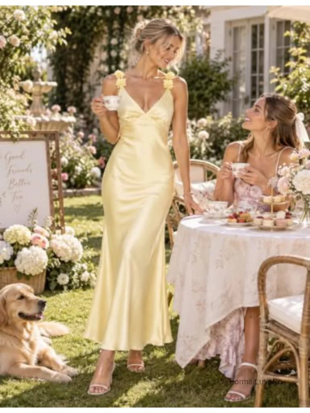 Satin V Neck Formal Midi Dress Sleeveless Spaghetti Strap Wedding Guest
